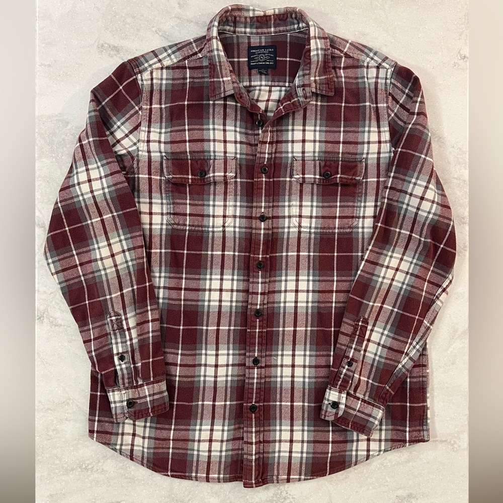 EUC AE Super Soft Maroon Plaid Flannel Button Down XLT